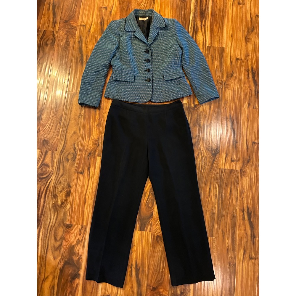 Le Suit Womens 2 Piece Pant Suit Set Teal Black Textured Blazer Trousers Size 12